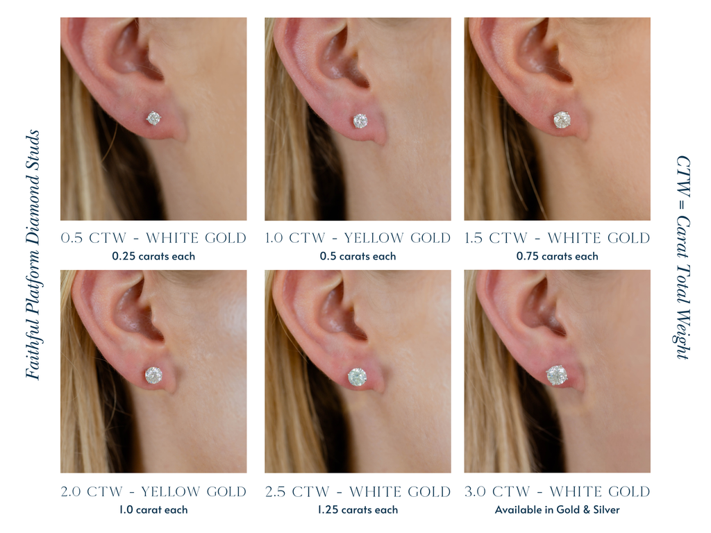 Diamond stud earrings displayed on ears with weight labels